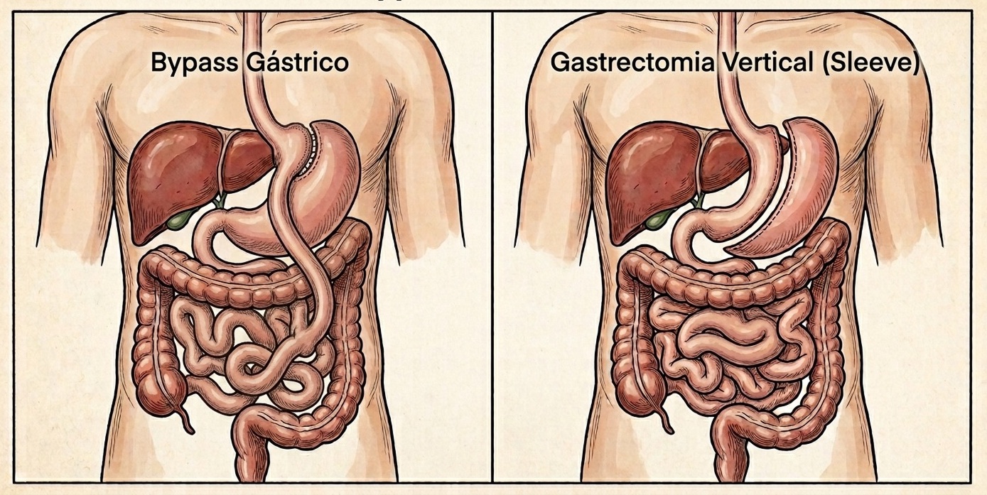 Ilustração comparando o bypass gástrico e a gastrectomia vertical (sleeve)