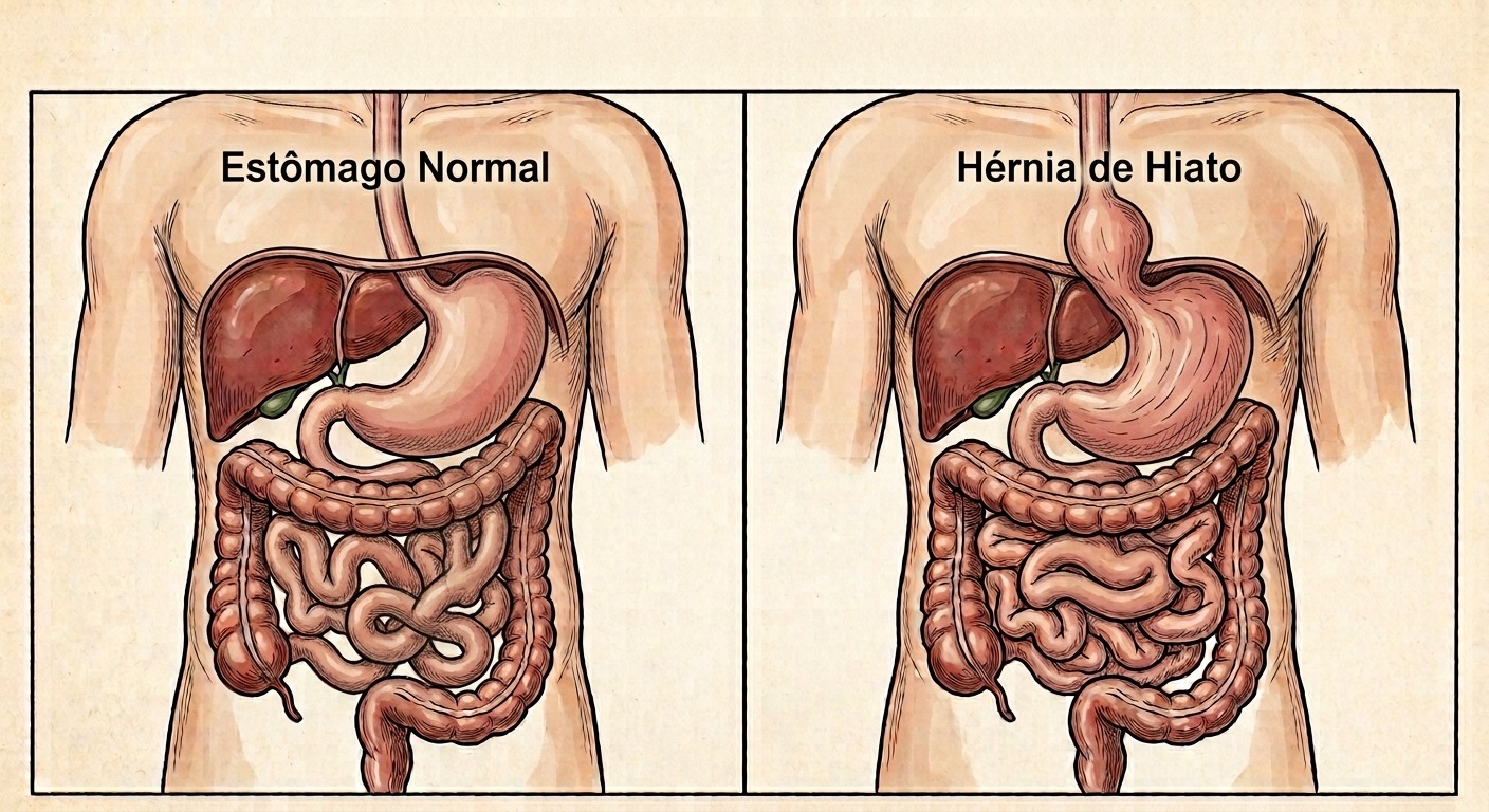 Ilustração comparando o estômago normal com a hérnia de hiato