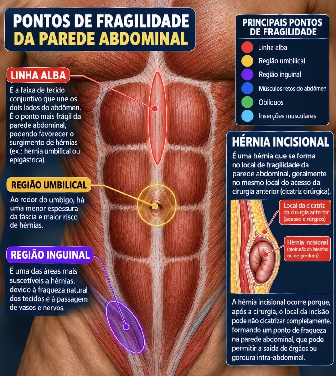 Pontos de fragilidade da parede abdominal: linha alba, região umbilical, região inguinal e hérnia incisional