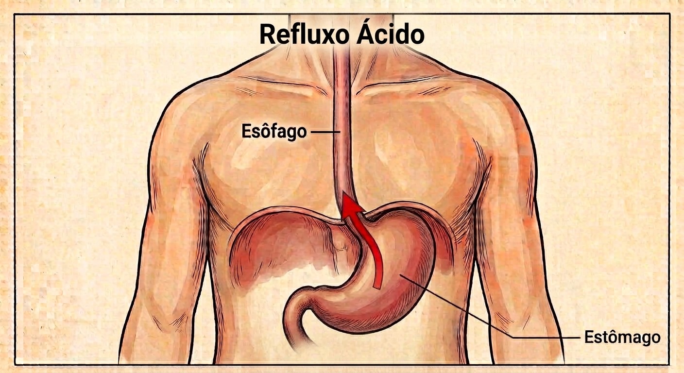 Ilustração do refluxo ácido: o conteúdo do estômago volta para o esôfago