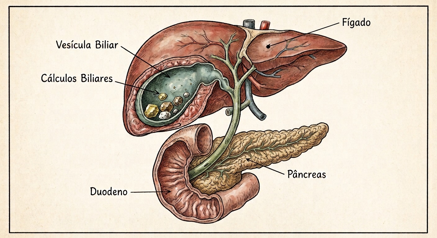 Ilustração da vesícula biliar com cálculos, junto ao fígado, ao pâncreas e ao duodeno